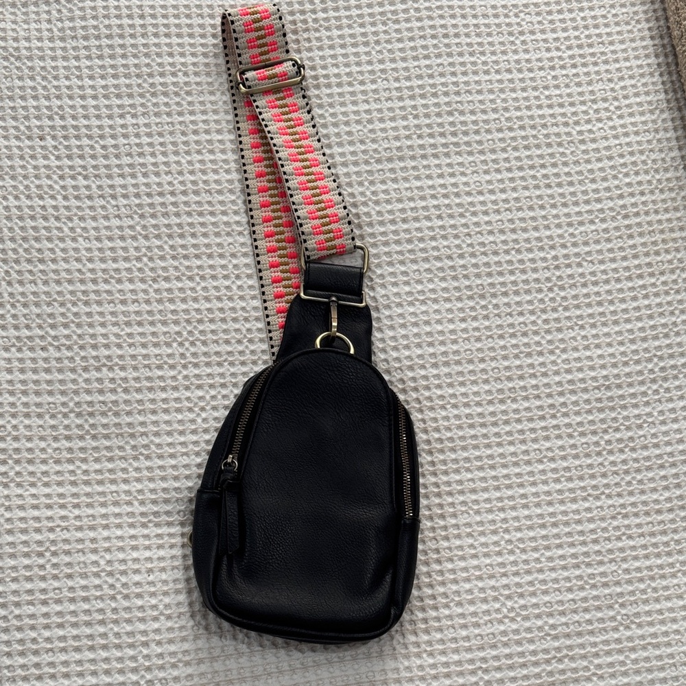 Anthropologie Urban Originals Black Crossbody Sling Bag with Pink Accent Strap